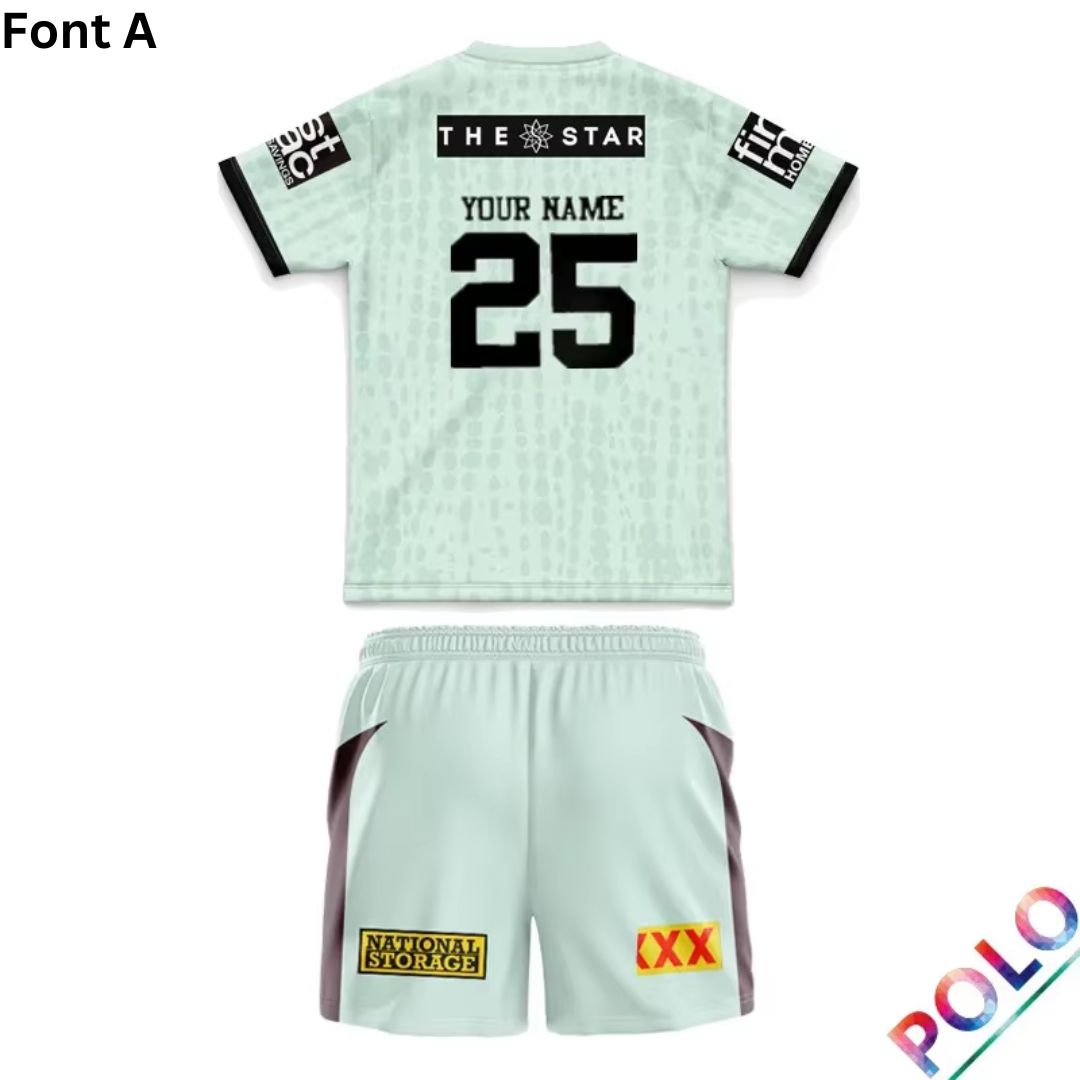 Brisbane Broncos 2025 Kids Mint Green Training Polo Shirt and Shorts Kit