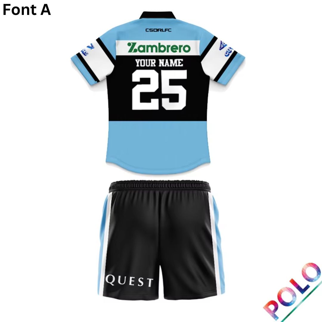 Cronulla Sutherland Sharks 2025 Kids Home Polo Shirt and Shorts Kit