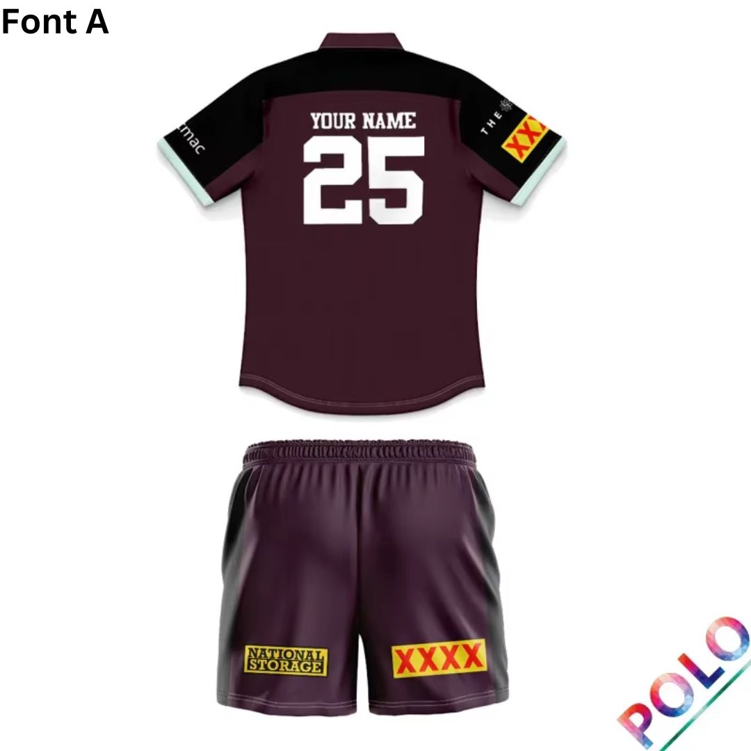 Brisbane Broncos 2025 Kids Black Sleeve Polo Shirt and Shorts Kit