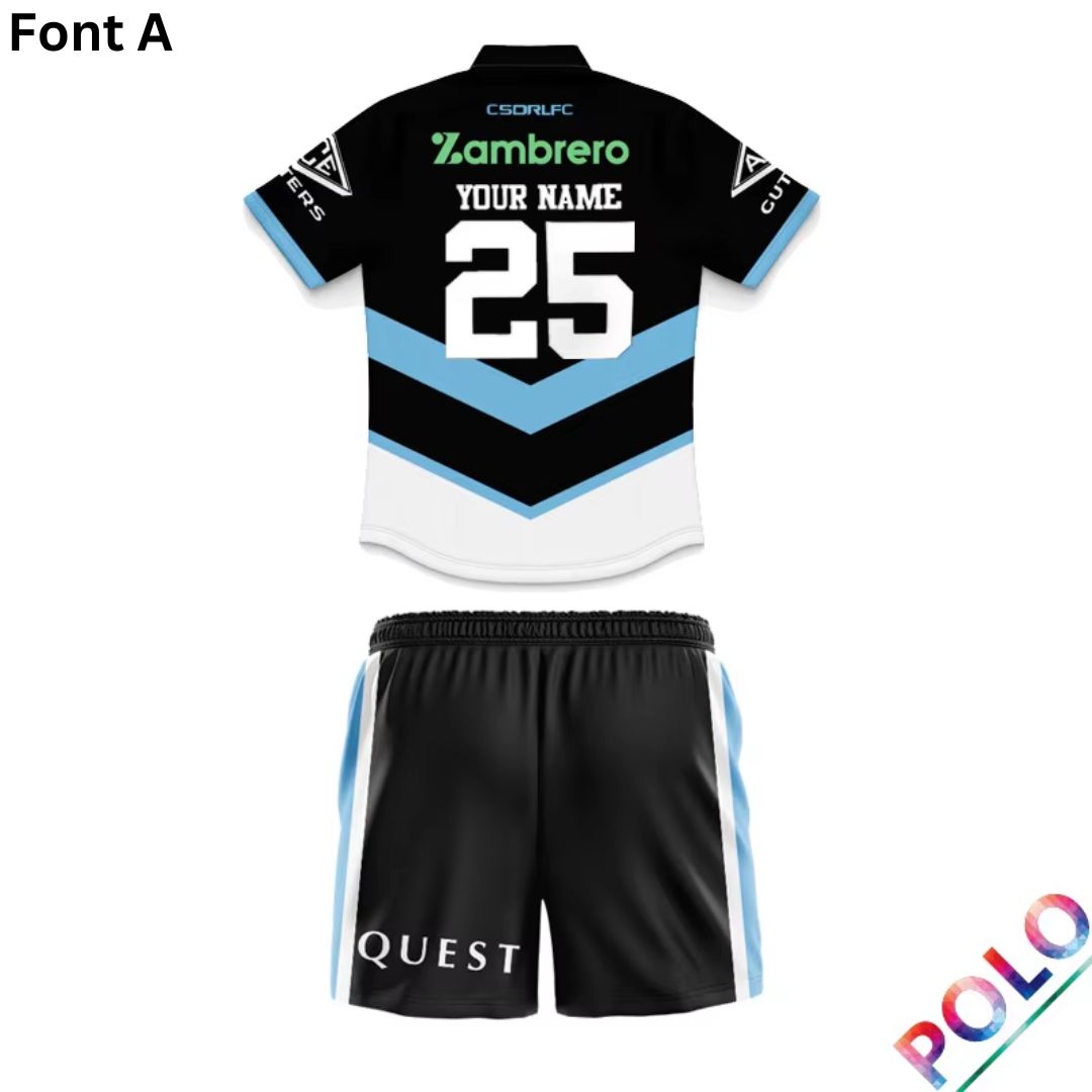 Cronulla Sutherland Sharks 2025 Kids Away Polo Shirt and Shorts Kit