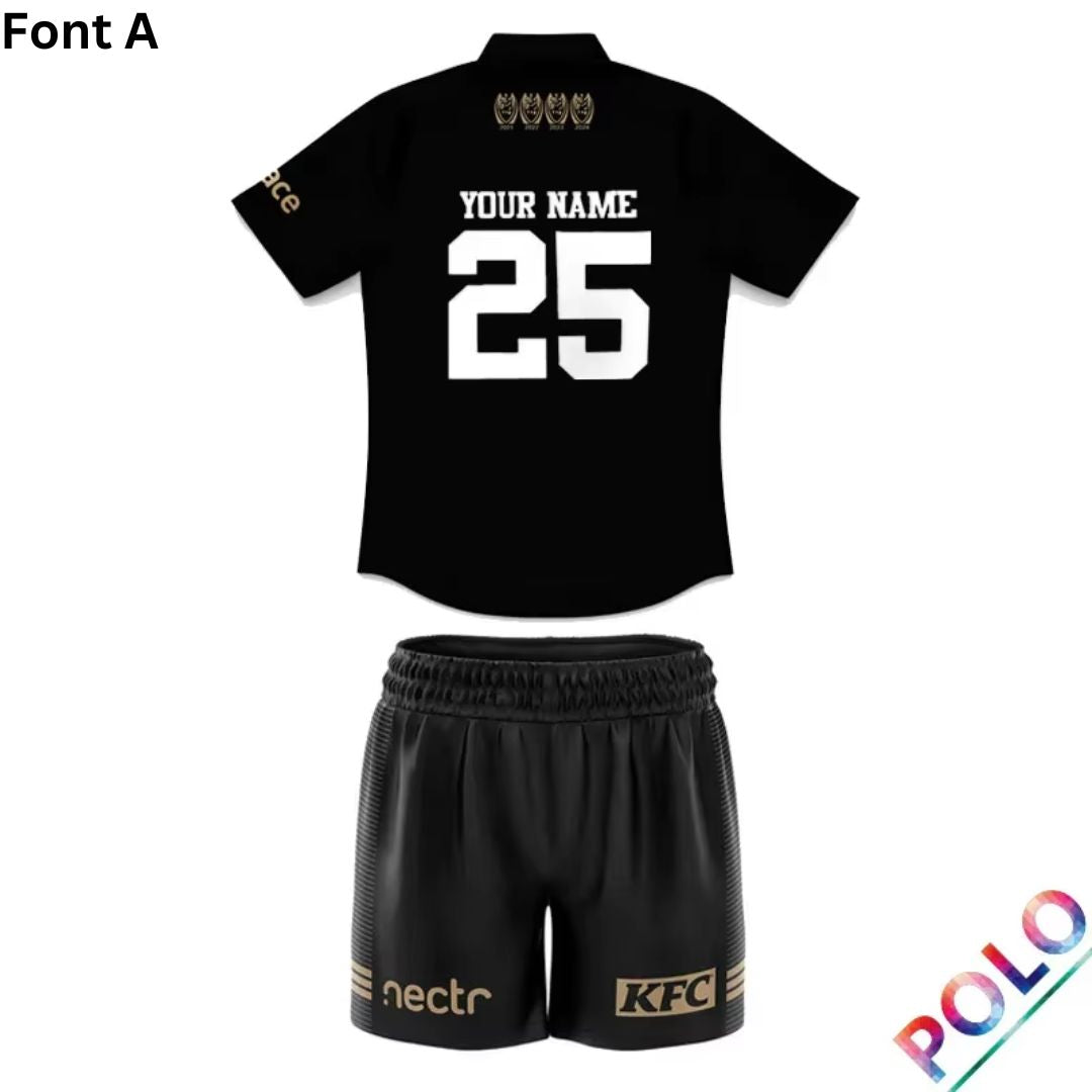 2024 Penrith Panthers Premiers 4 In a Row Kids Black Polo Shirt and Shorts Kit