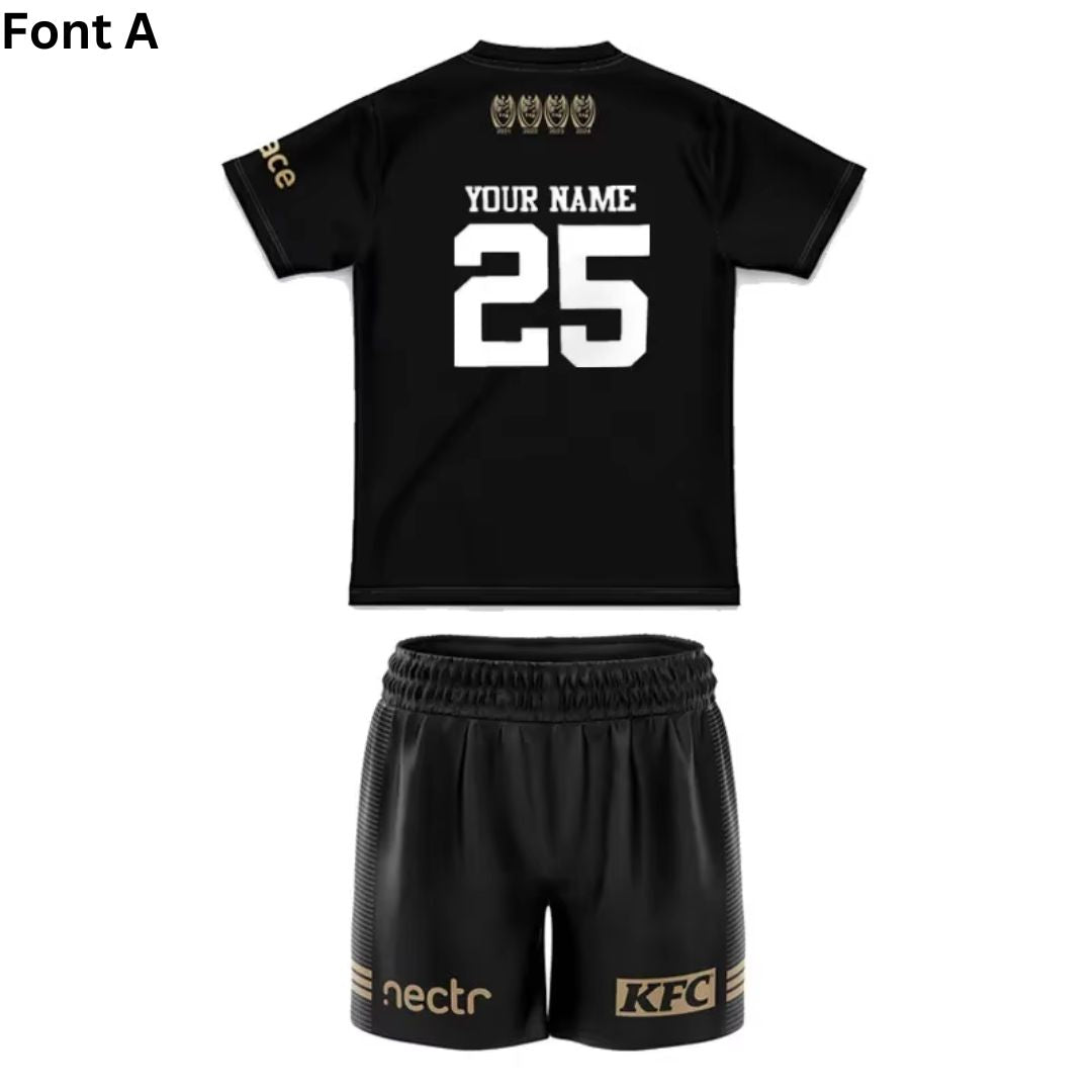 2024 Penrith Panthers Premiers 4 In a Row Kids Black Jersey and Shorts Kit
