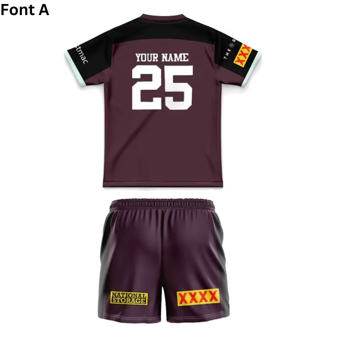 Brisbane Broncos 2025 Kids Black Sleeve Jersey and Shorts Kit