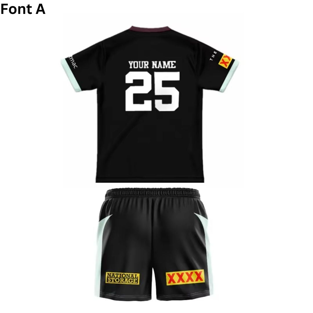 Brisbane Broncos 2025 Kids Black Front Jersey and Shorts Kit