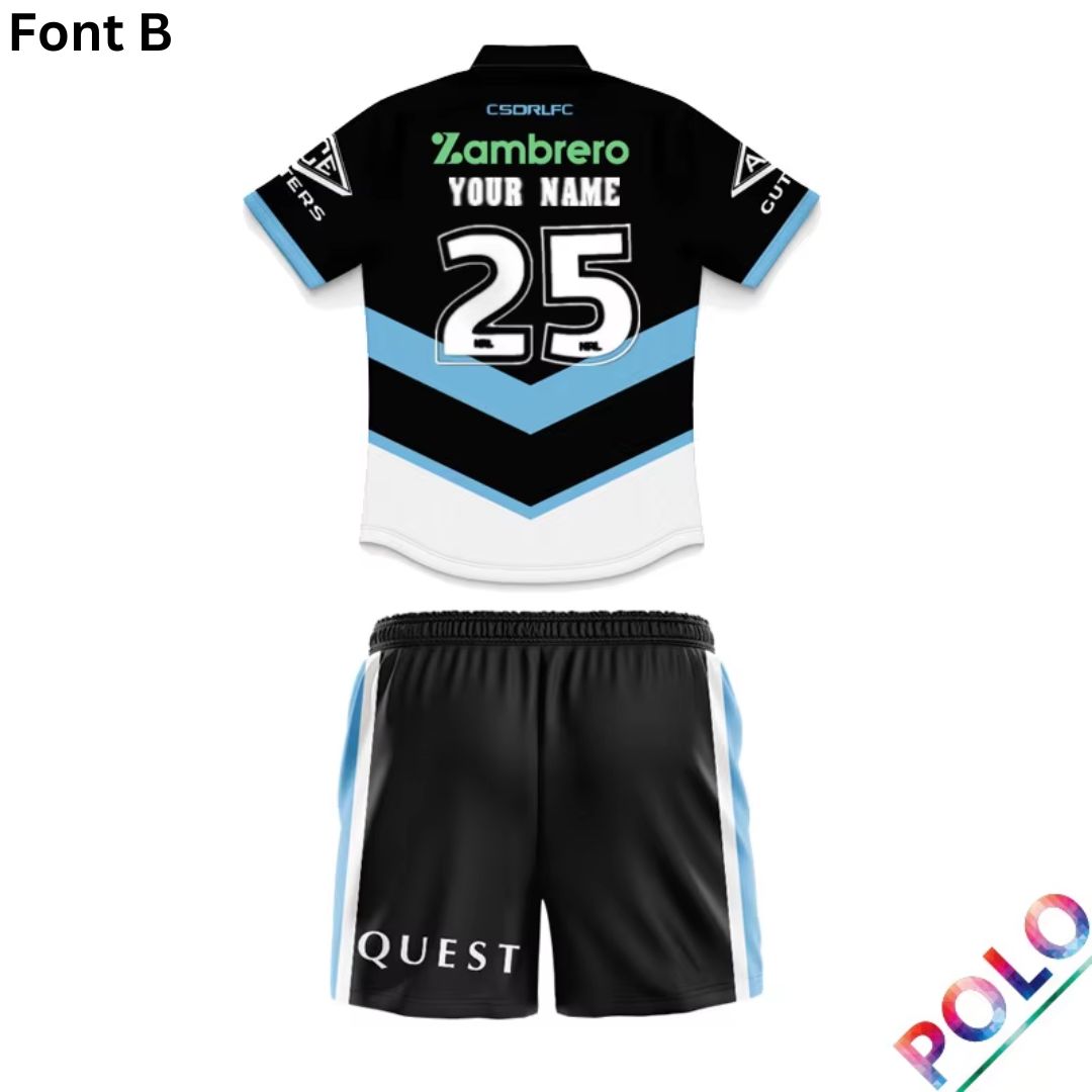 Cronulla Sutherland Sharks 2025 Kids Away Polo Shirt and Shorts Kit