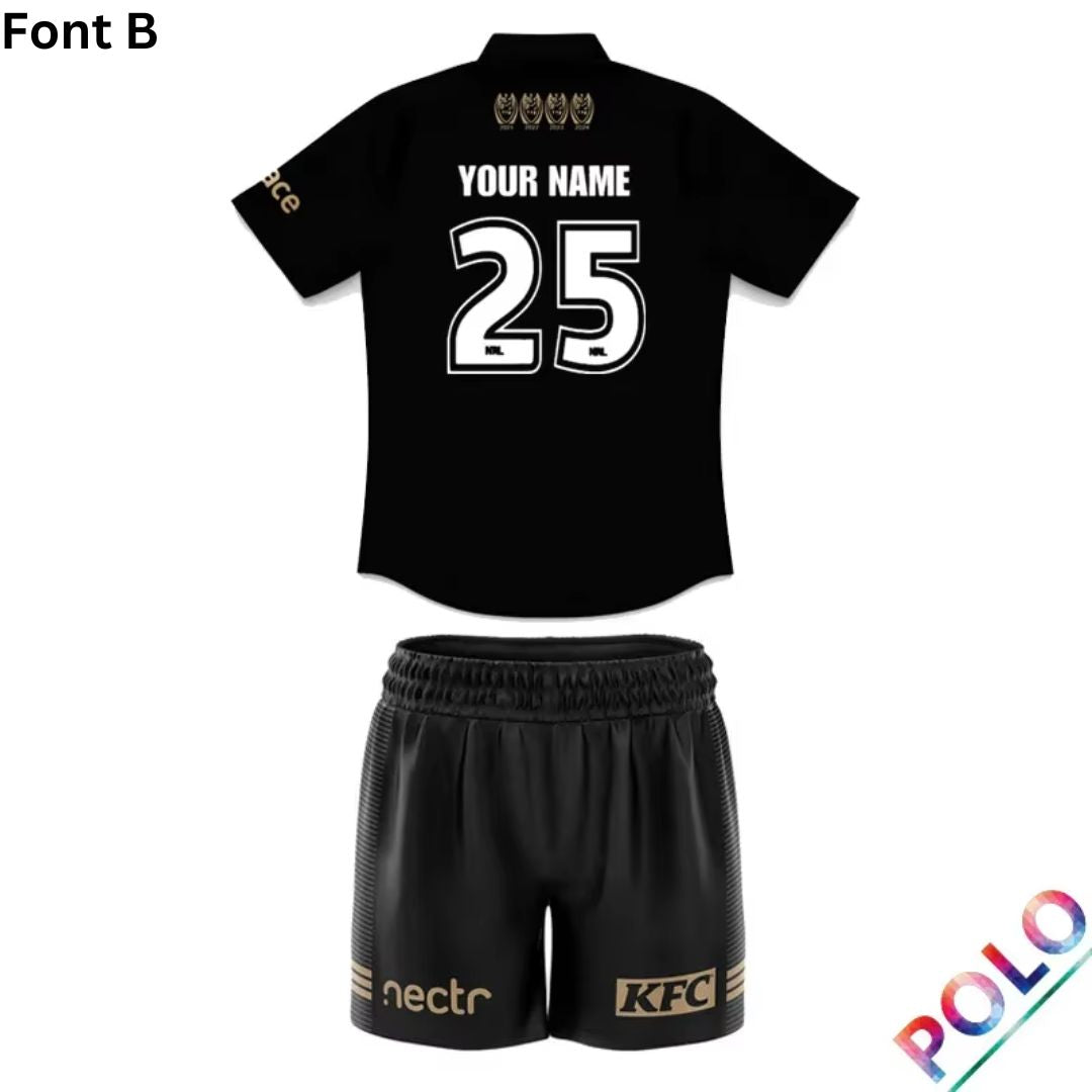 2024 Penrith Panthers Premiers 4 In a Row Kids Black Polo Shirt and Shorts Kit