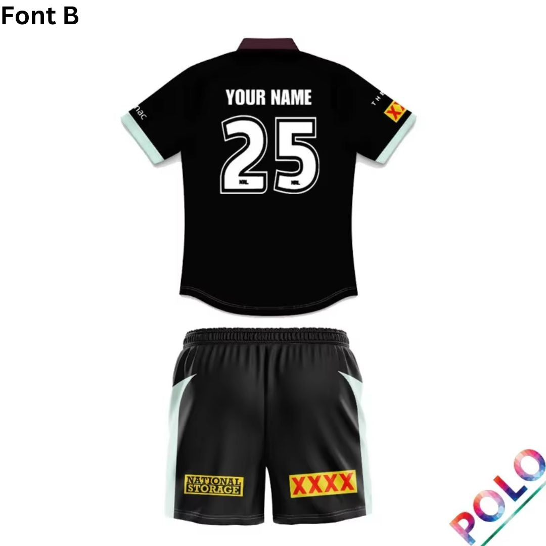 Brisbane Broncos 2025 Kids Black Front Polo Shirt and Shorts Kit