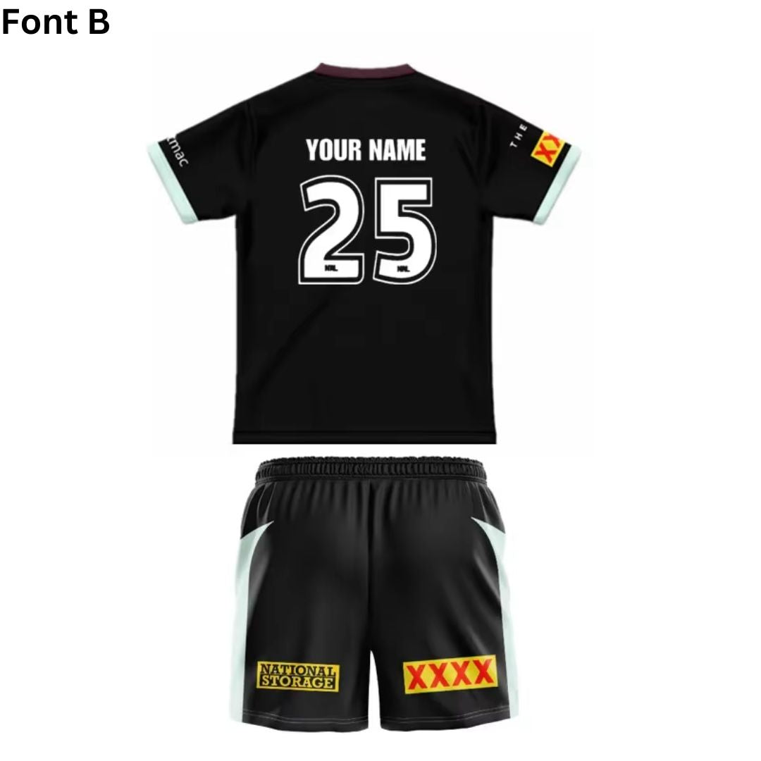 Brisbane Broncos 2025 Kids Black Front Jersey and Shorts Kit