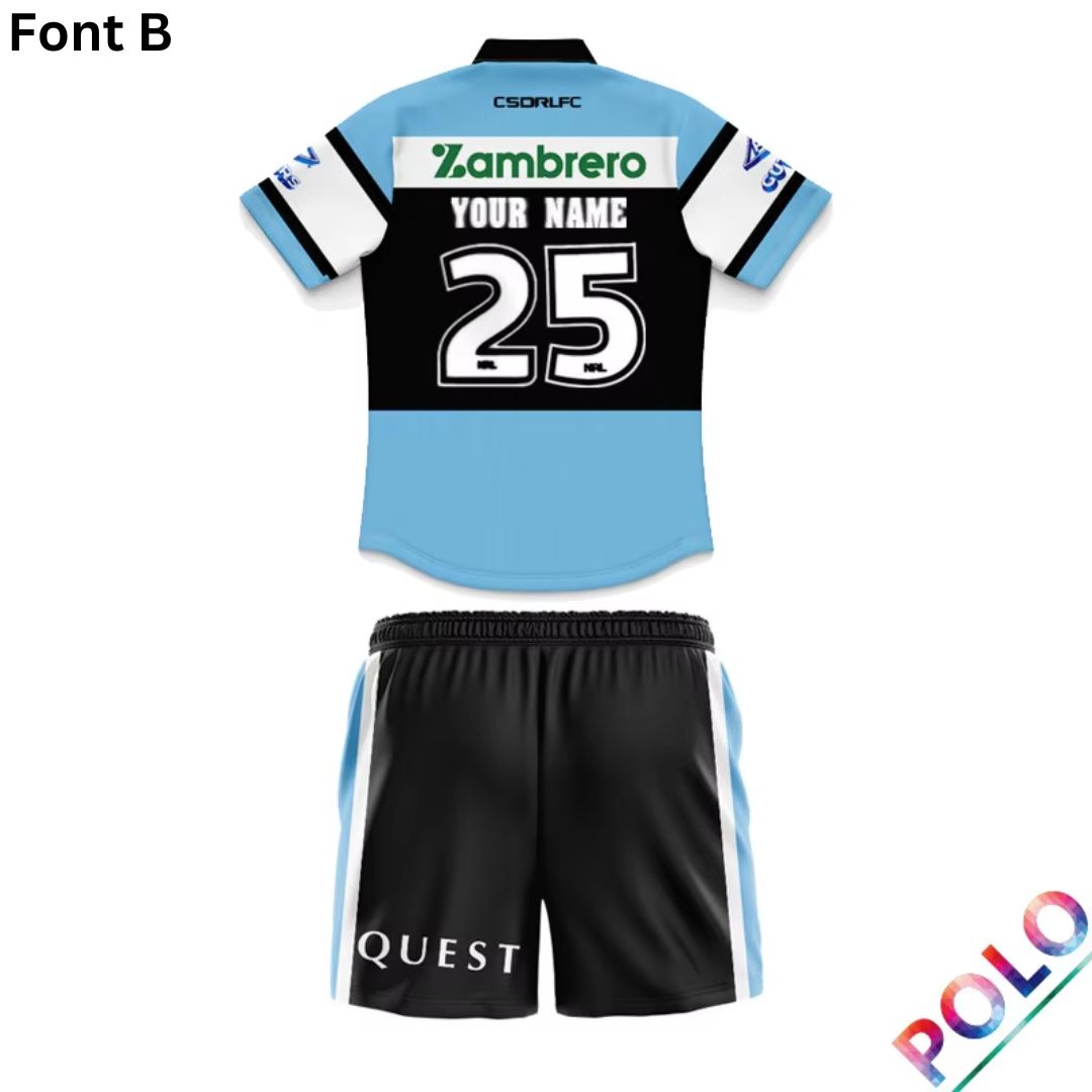 Cronulla Sutherland Sharks 2025 Kids Home Polo Shirt and Shorts Kit