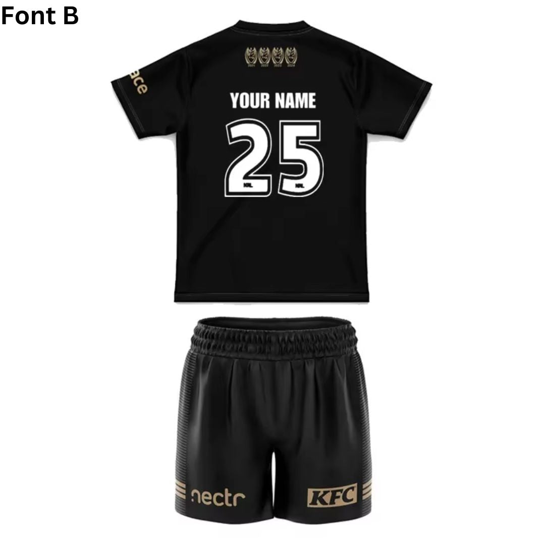 2024 Penrith Panthers Premiers 4 In a Row Kids Black Jersey and Shorts Kit