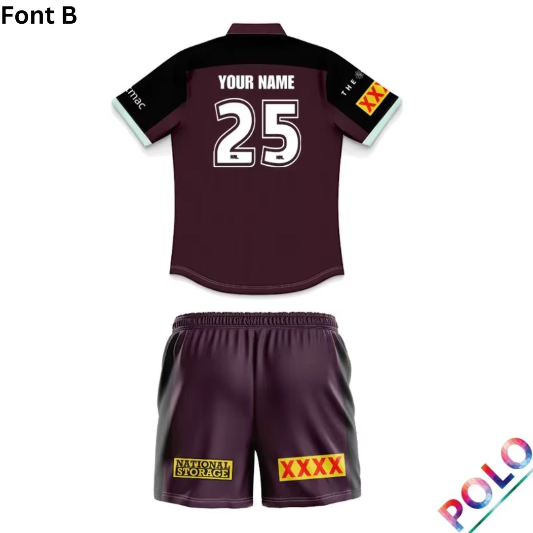 Brisbane Broncos 2025 Kids Black Sleeve Polo Shirt and Shorts Kit