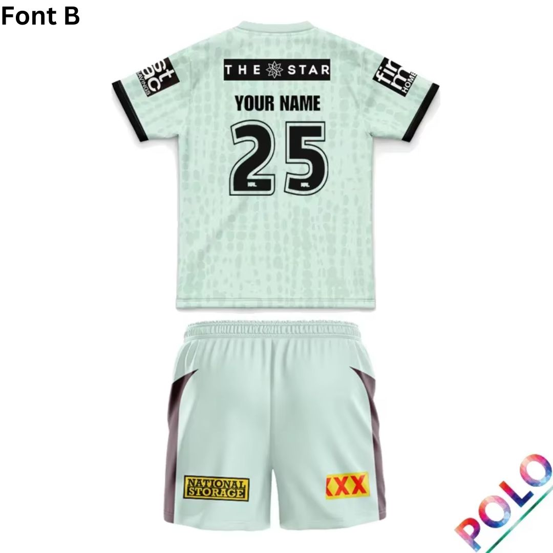 Brisbane Broncos 2025 Kids Mint Green Training Polo Shirt and Shorts Kit
