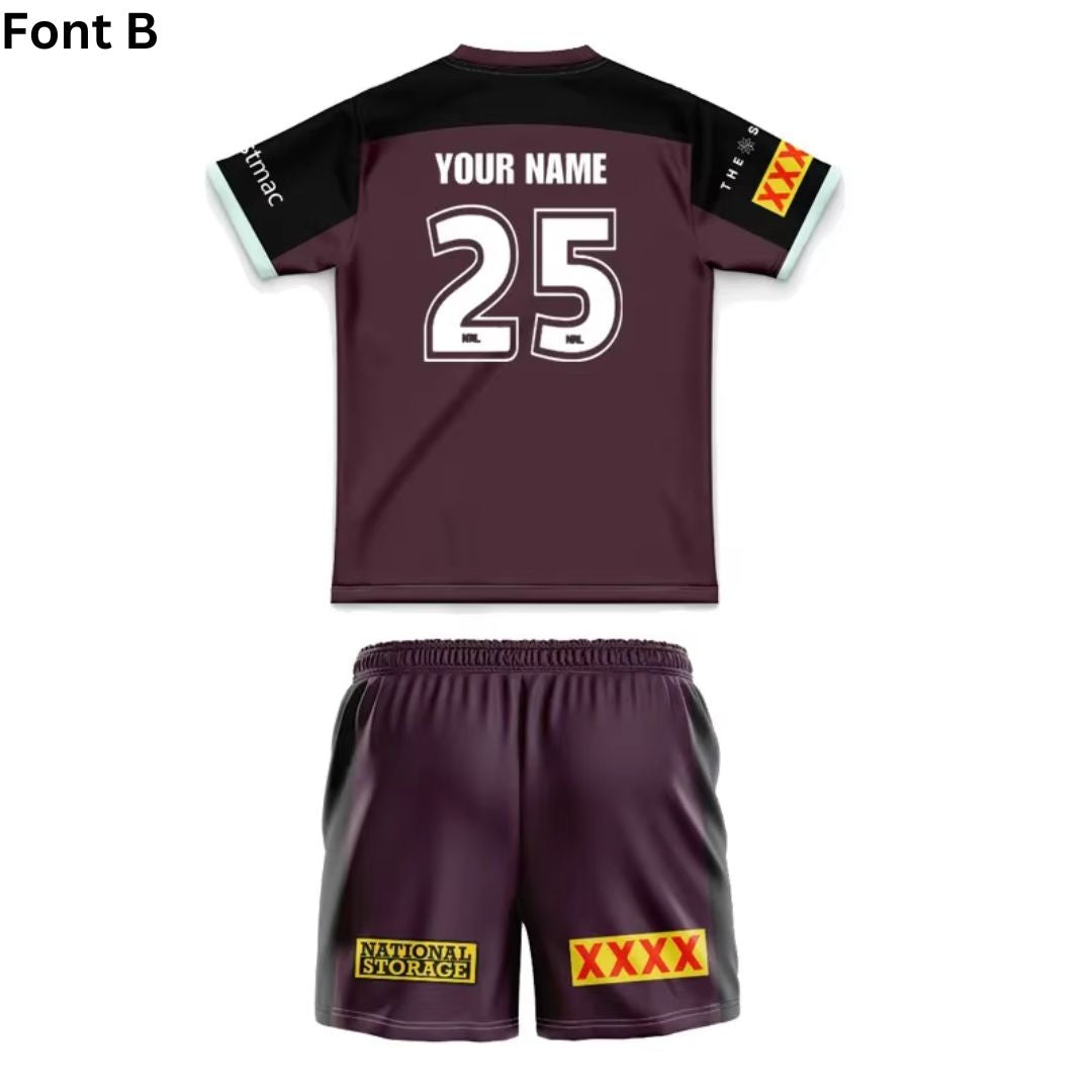 Brisbane Broncos 2025 Kids Black Sleeve Jersey and Shorts Kit