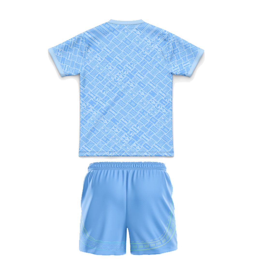 New Zealand Warriors 2025 Kids Blue Pasifika Shirt and Shorts Kit