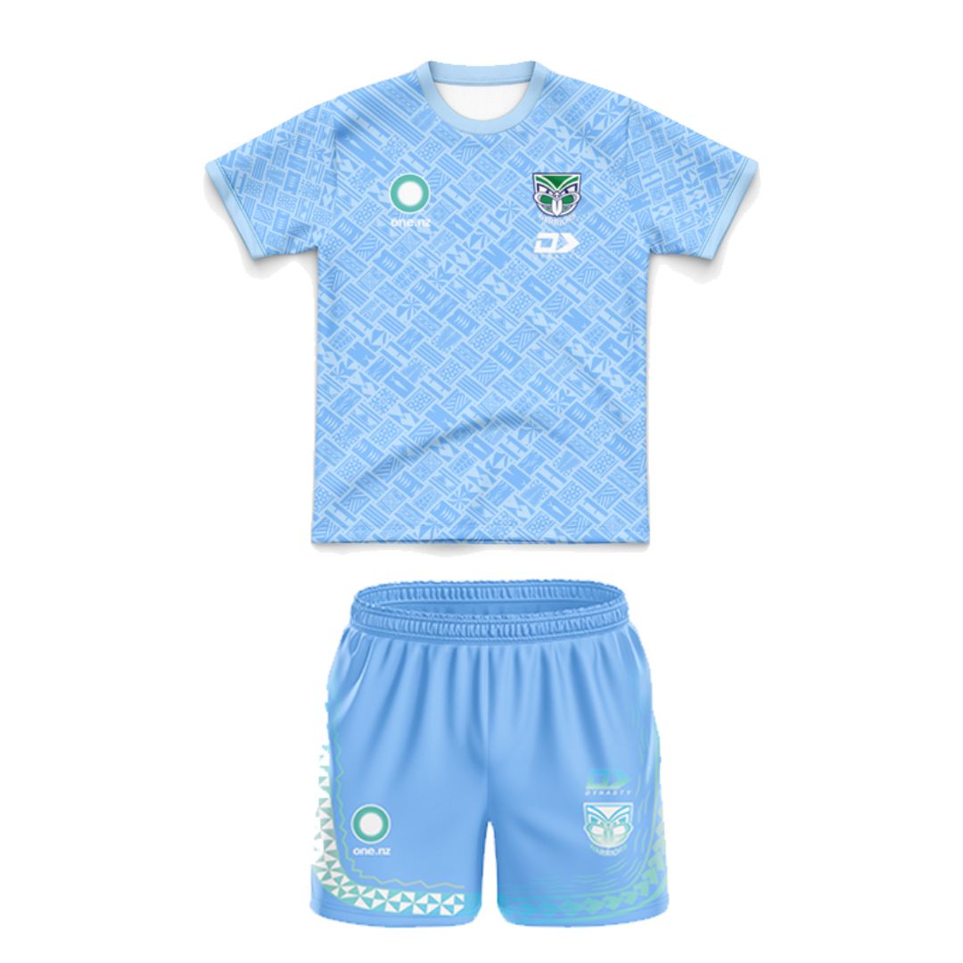 New Zealand Warriors 2025 Kids Blue Pasifika Shirt and Shorts Kit