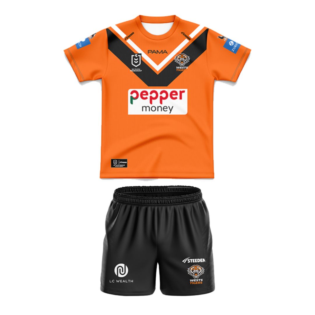 Wests Tigers 2025 Kids Away Jersey and Shorts Kit