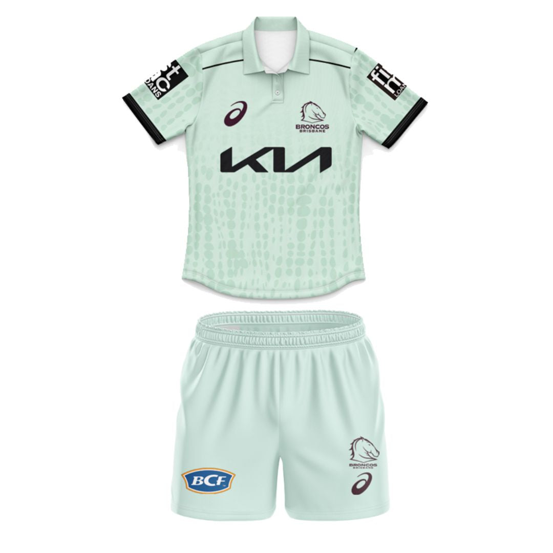 Brisbane Broncos 2025 Kids Mint Green Training Polo Shirt and Shorts Kit