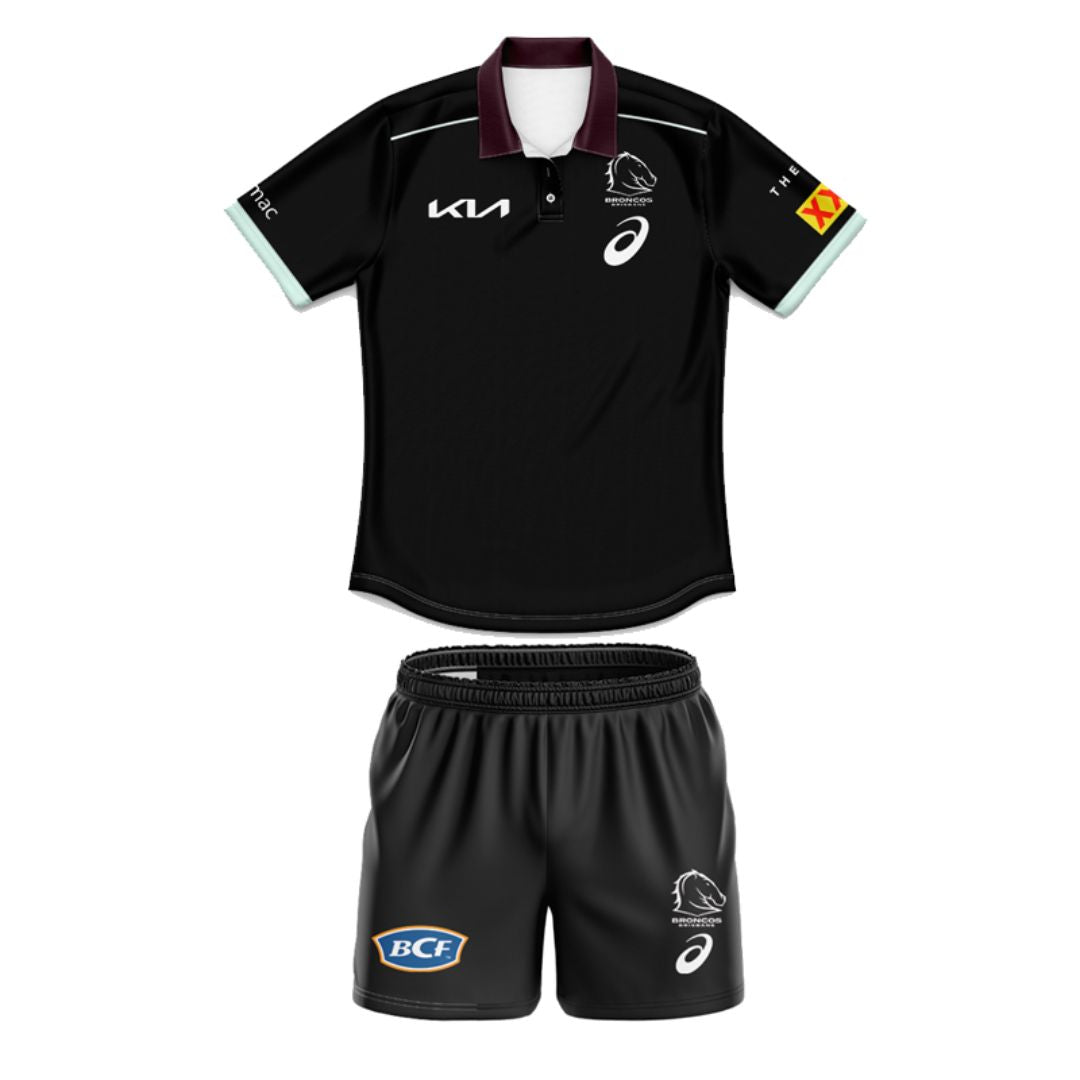 Brisbane Broncos 2025 Kids Black Front Polo Shirt and Shorts Kit