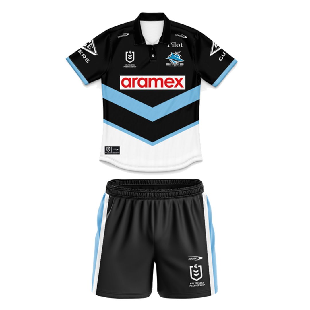Cronulla Sutherland Sharks 2025 Kids Away Polo Shirt and Shorts Kit
