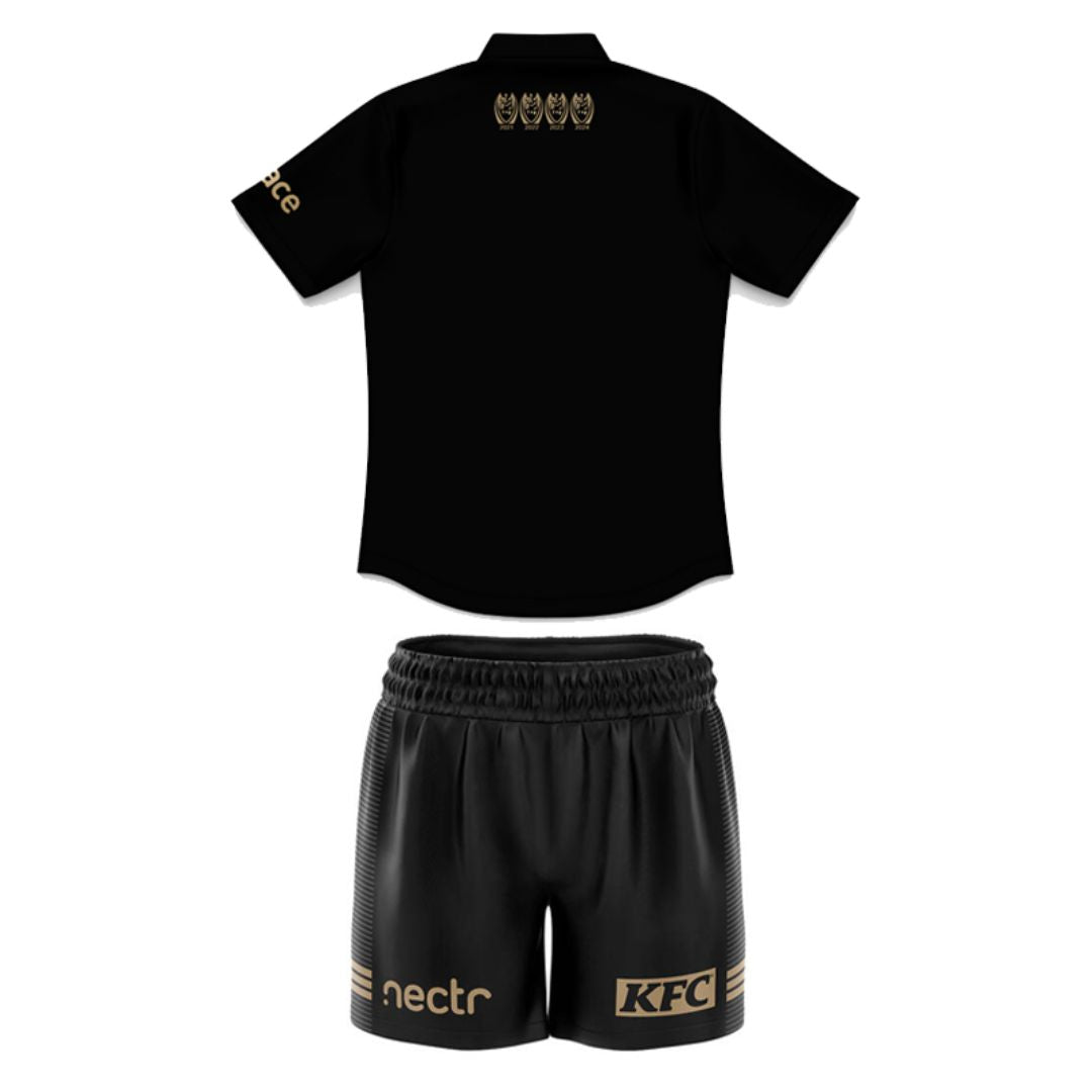 2024 Penrith Panthers Premiers 4 In a Row Kids Black Polo Shirt and Shorts Kit