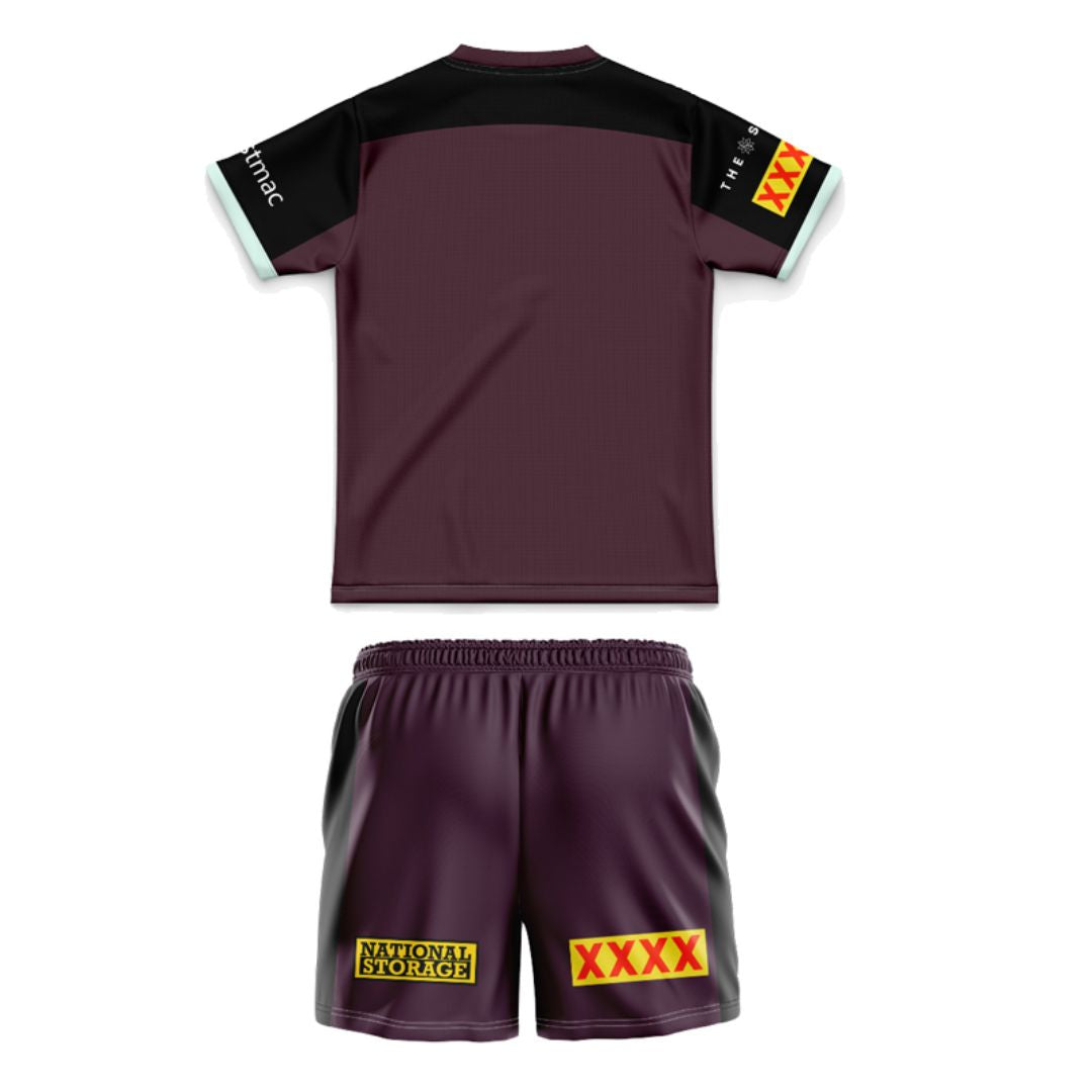 Brisbane Broncos 2025 Kids Black Sleeve Jersey and Shorts Kit