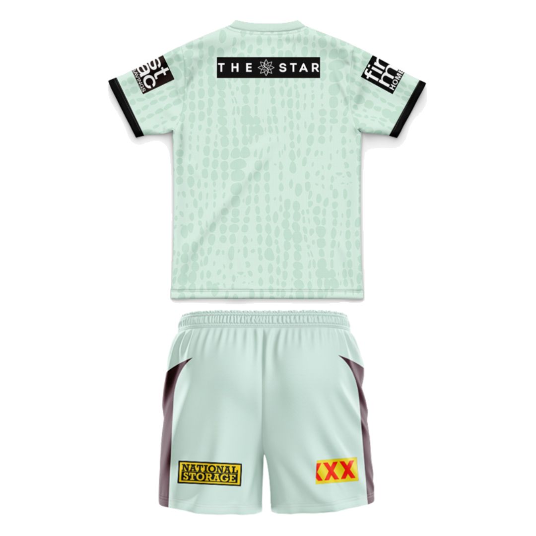 Brisbane Broncos 2025 Kids Mint Green Training Polo Shirt and Shorts Kit