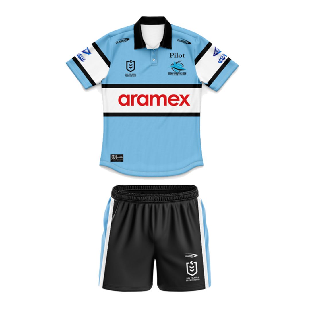 Cronulla Sutherland Sharks 2025 Kids Home Polo Shirt and Shorts Kit