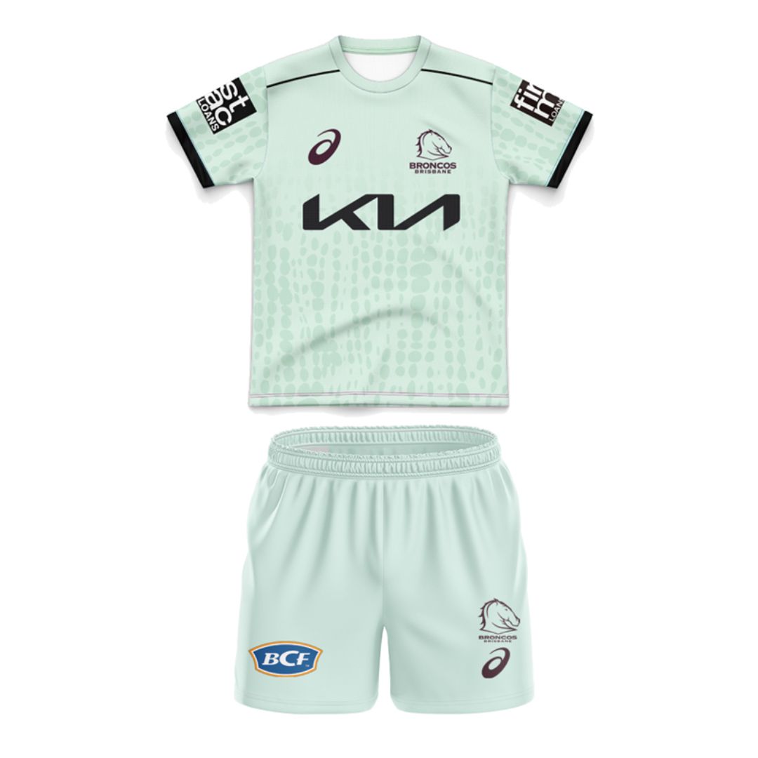 Brisbane Broncos 2025 Kids Mint Green Training Jersey and Shorts Kit