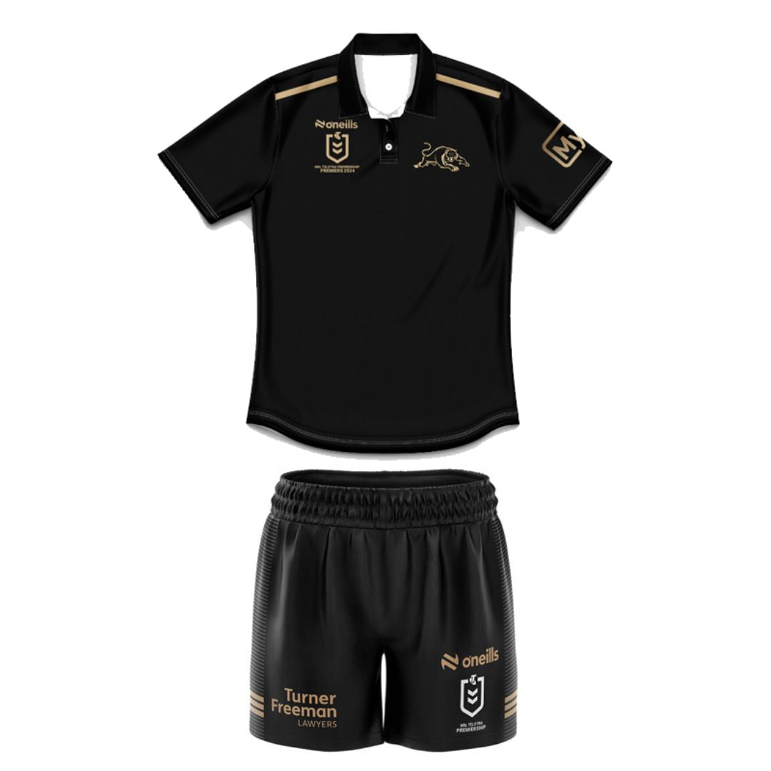 2024 Penrith Panthers Premiers 4 In a Row Kids Black Polo Shirt and Shorts Kit