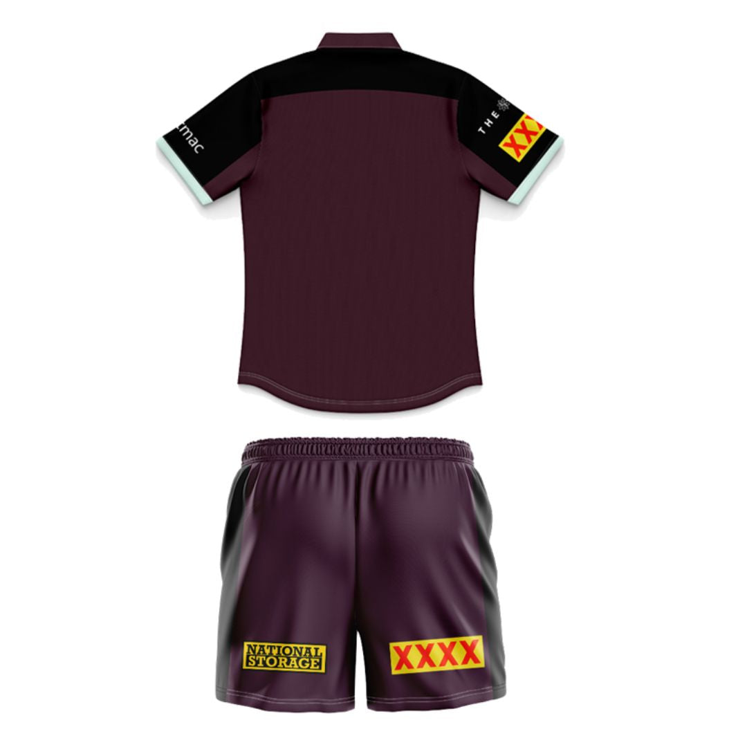 Brisbane Broncos 2025 Kids Black Sleeve Polo Shirt and Shorts Kit