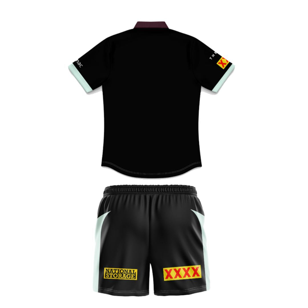 Brisbane Broncos 2025 Kids Black Front Polo Shirt and Shorts Kit