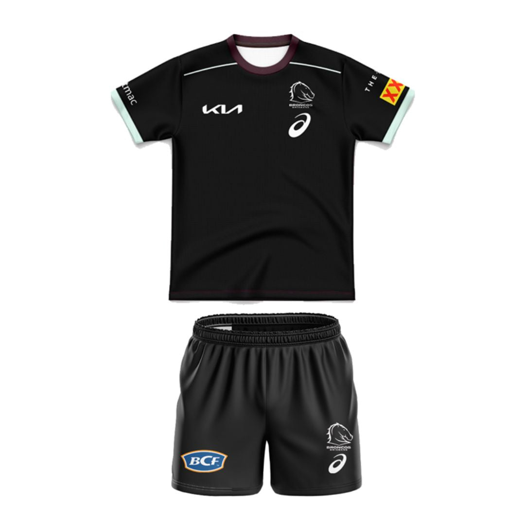 Brisbane Broncos 2025 Kids Black Front Jersey and Shorts Kit
