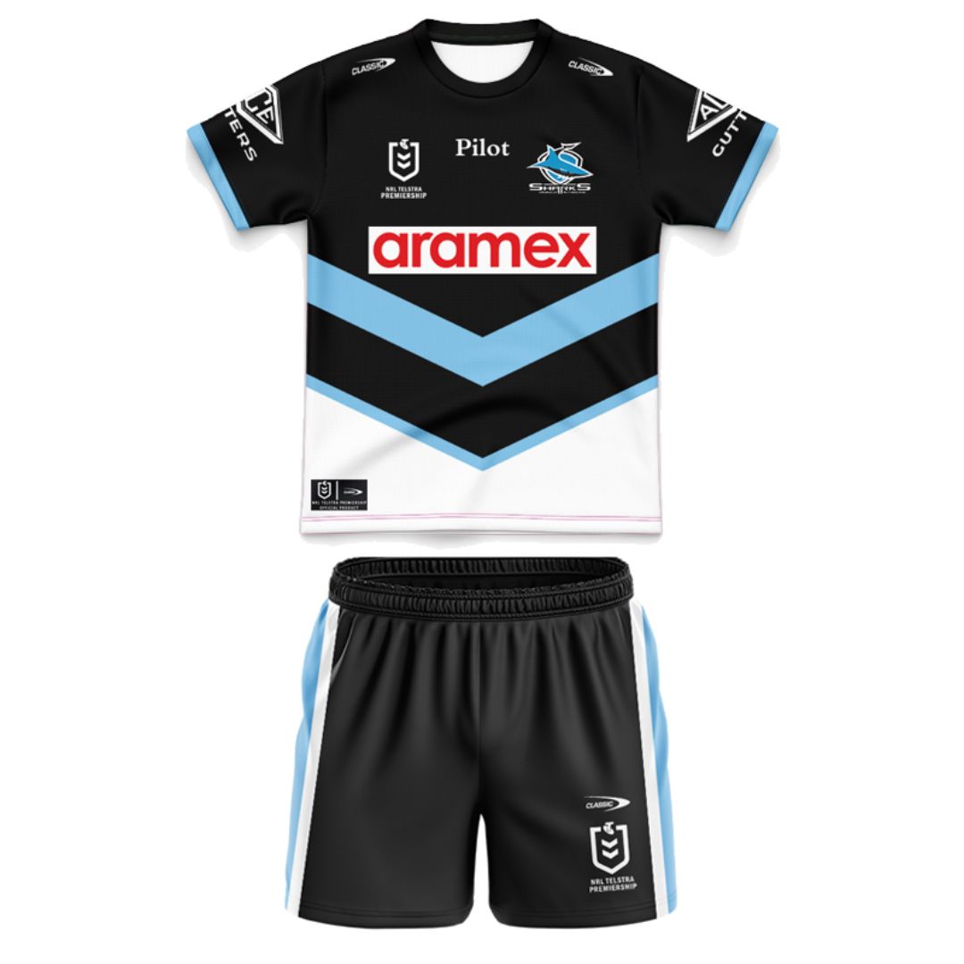 Cronulla Sutherland Sharks 2025 Kids Away Jersey and Shorts Kit