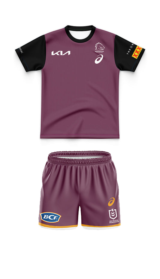 Kids Brisbane Broncos 2024 Black Sleeve Jersey and Shorts Kit