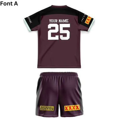 Brisbane Broncos 2025 Kids Black Sleeve Jersey and Shorts Kit