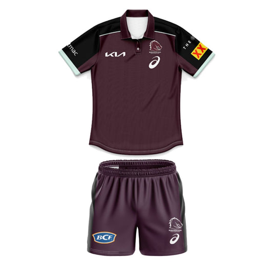 Brisbane Broncos 2025 Kids Black Sleeve Polo Shirt and Shorts Kit