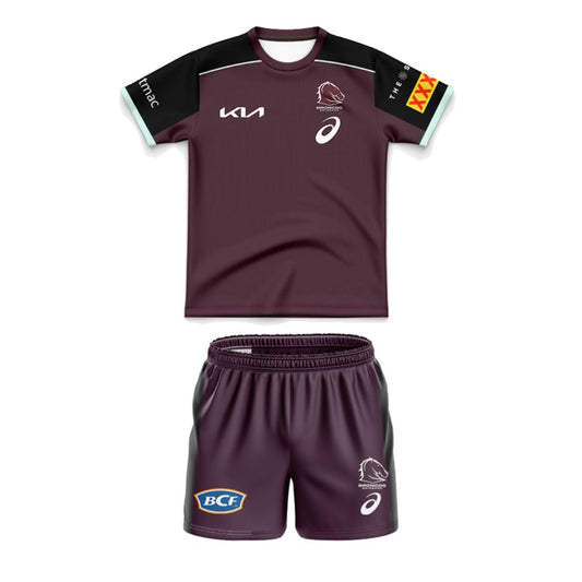 Brisbane Broncos 2025 Kids Black Sleeve Jersey and Shorts Kit