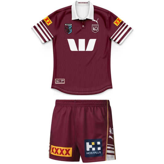 Queensland Maroons State Of Origin 2026 Kids Polo Shirt & Shorts Kit